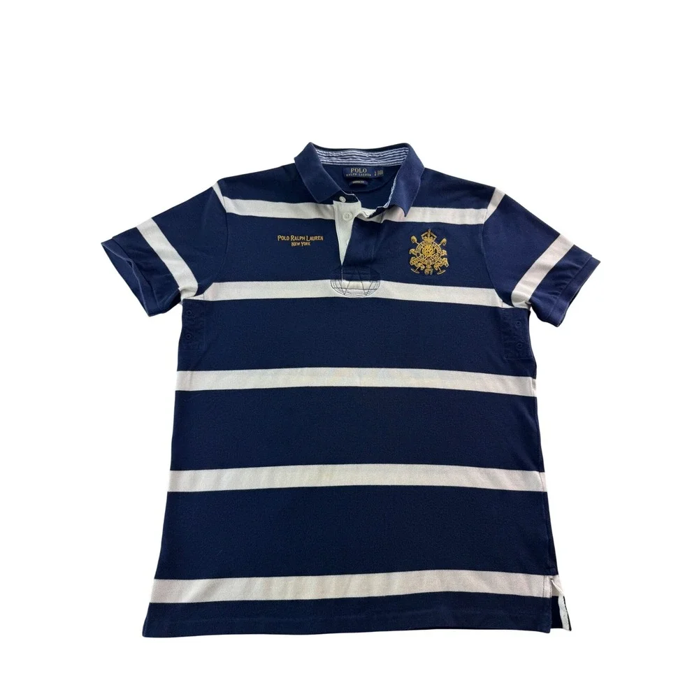 Polo Ralph Lauren Mens Custom Fit Striped Rugby Polo Shirt Navy White Sz LG Logo